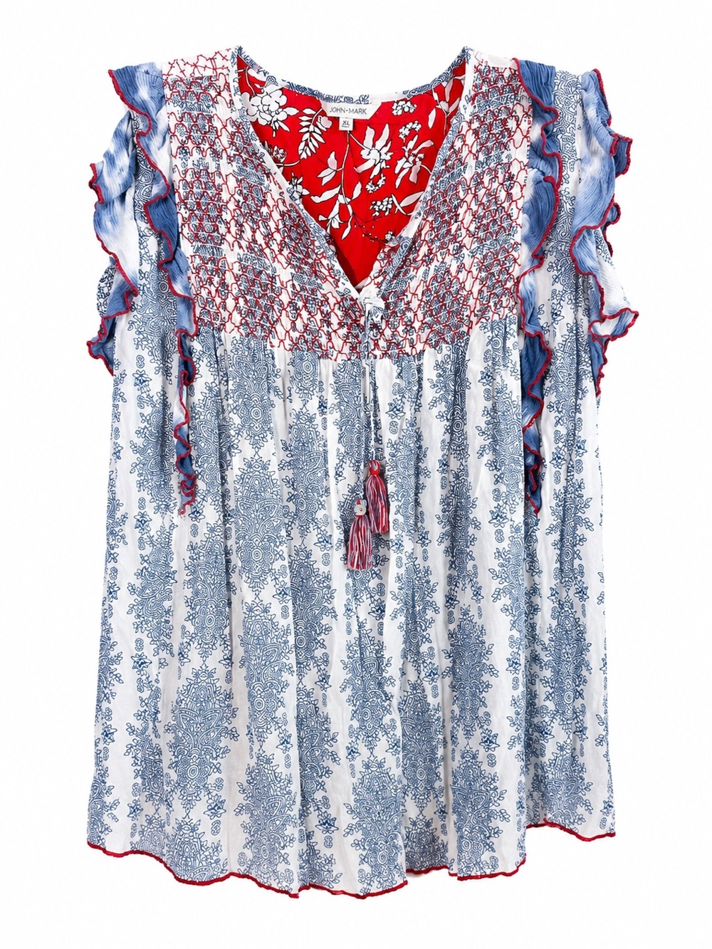 John Mark XL Boho Smocked Tassel Top